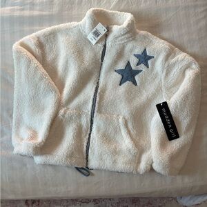 Madden Girl Kids Cream Fleece Jacket with Blue Stars